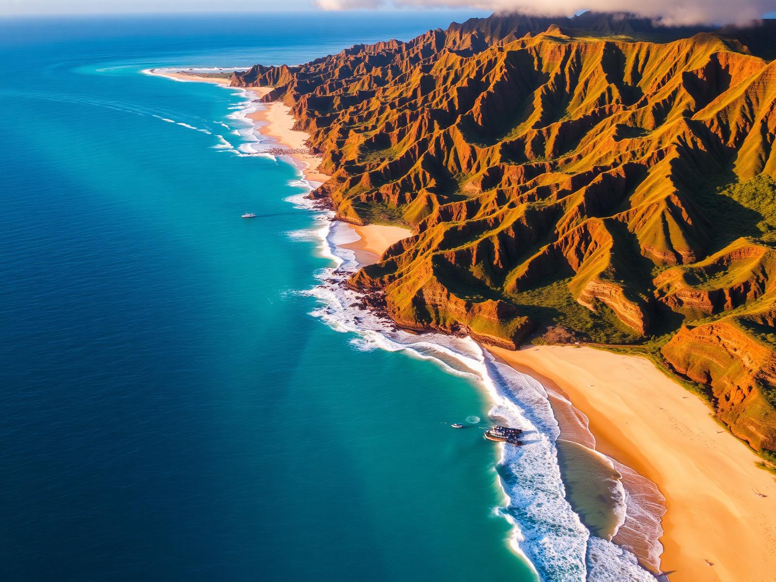 Aerial view of Oahu coastline with turquoise ocean, sandy beaches, and green mountain ridges